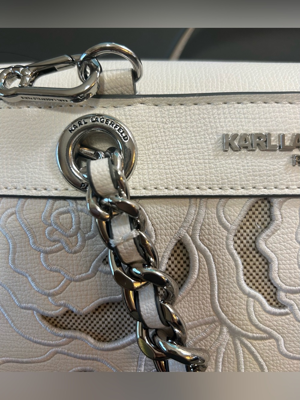 Karl Lagerfeld Cream White Floral Appliqué Heavy Chain Handles Shoulder Bag NWT - Picture 8 of 10